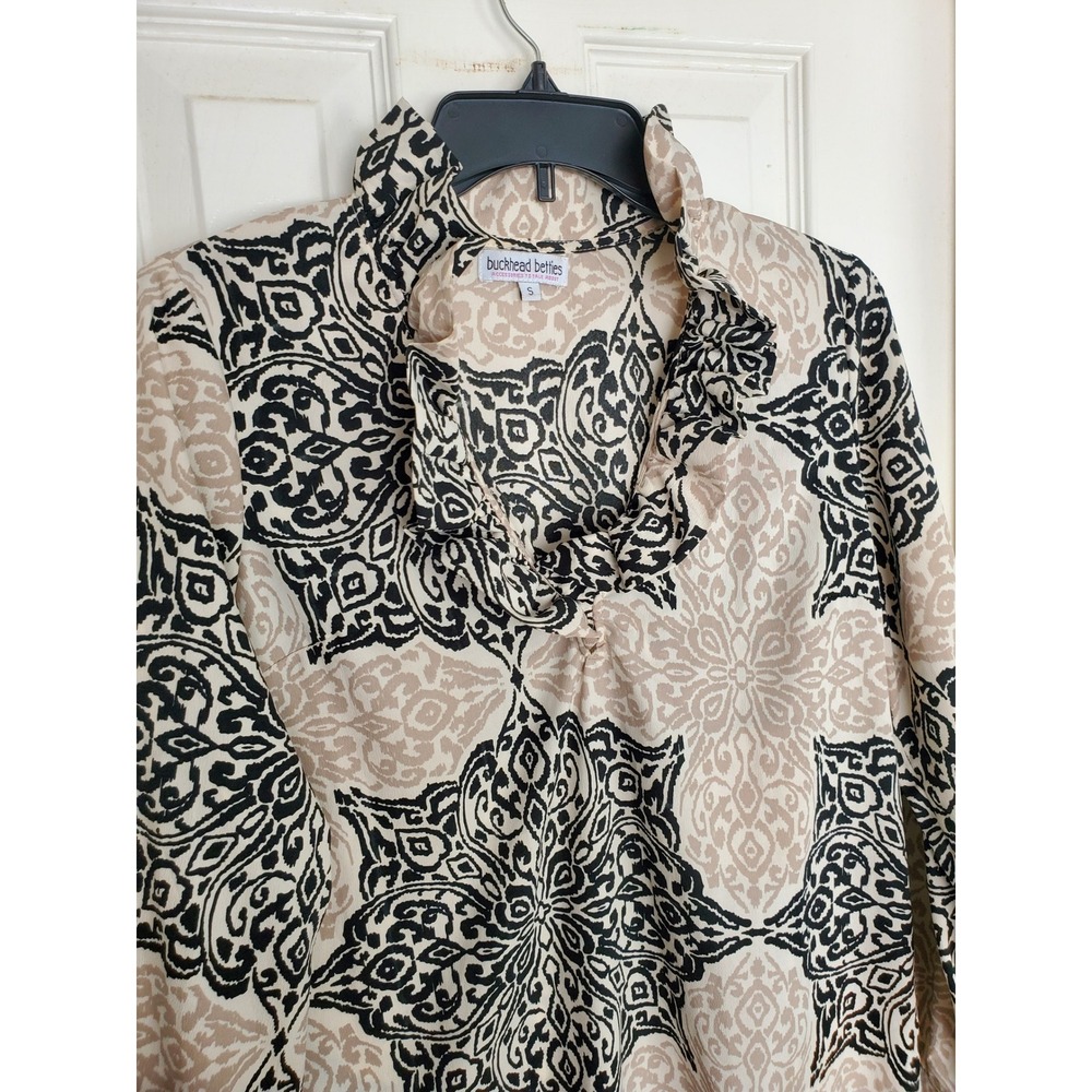Buckhead‎ Betties Tunic Dress Beige Black Medallion Print Ruffle Neck Small